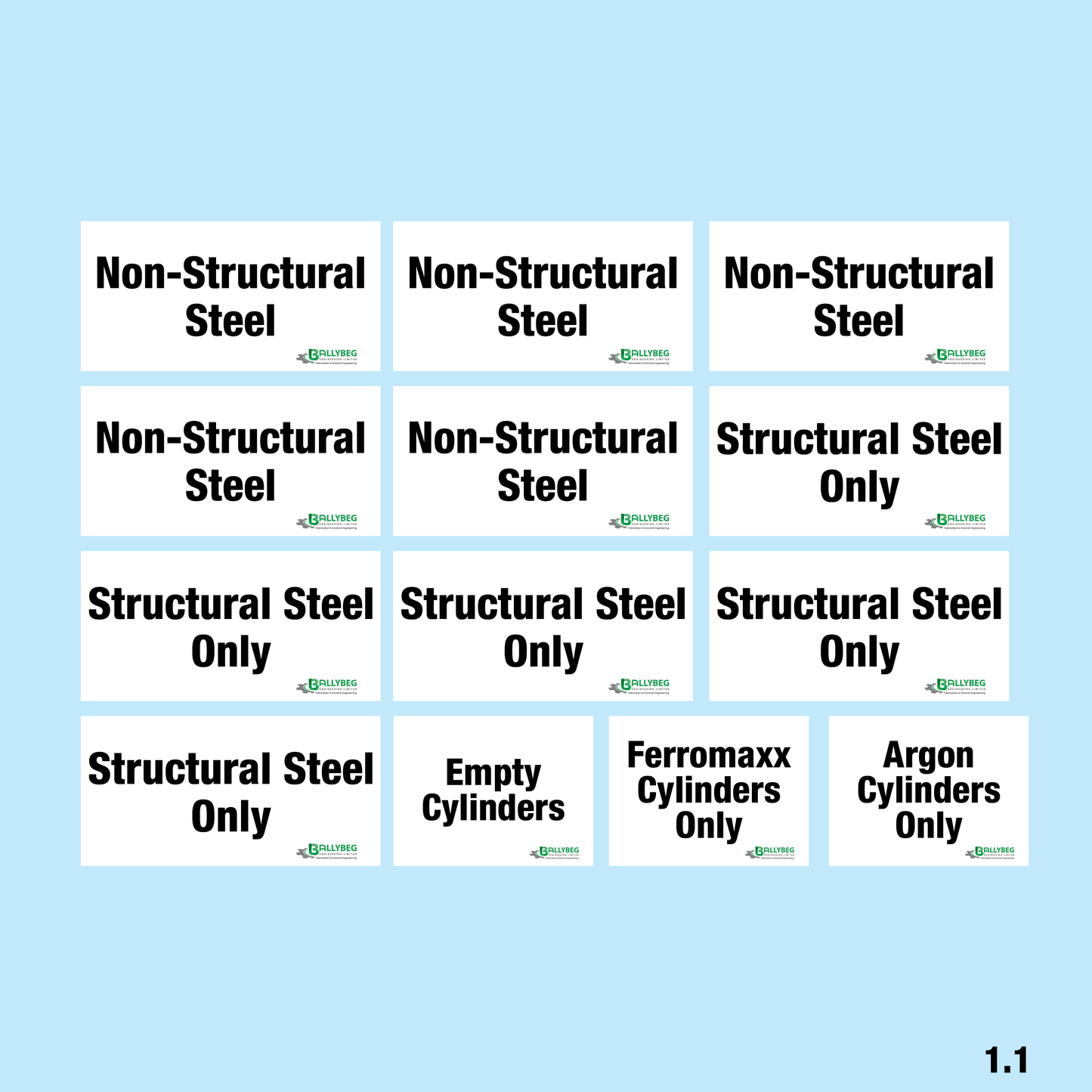 Set of signs for different types of steel and cylinders