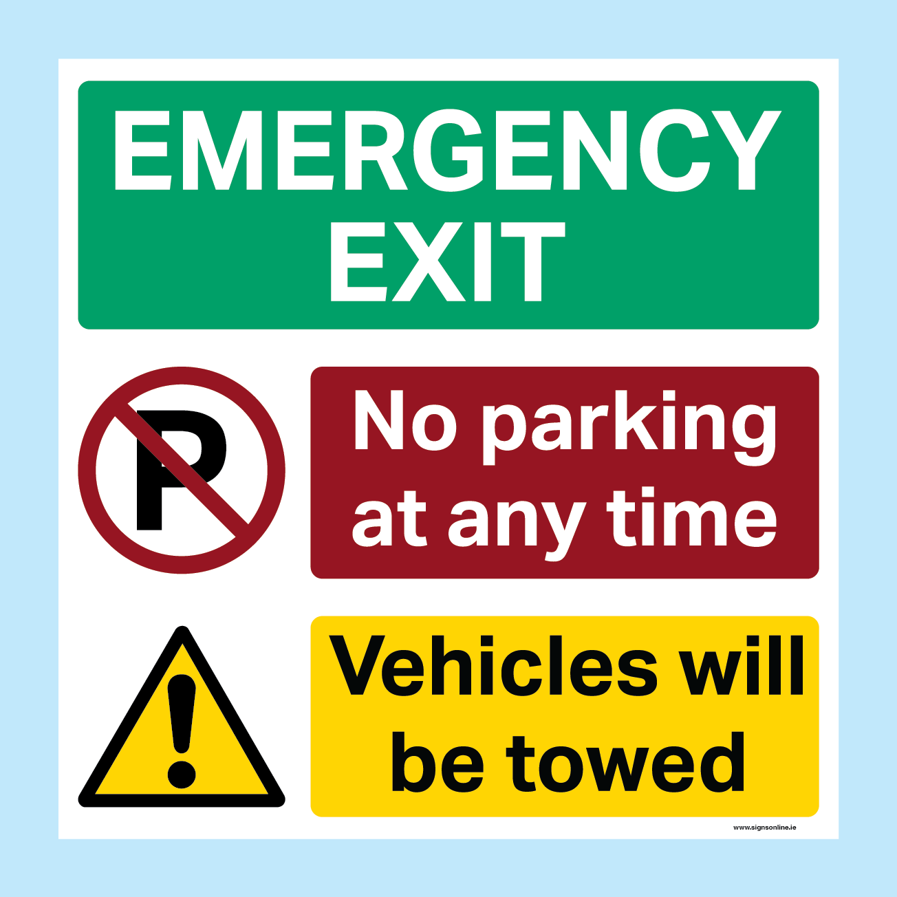 Emergency Exit. No Parking. Vehicles Towed Parking Management Sign