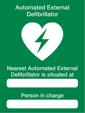 AED Person in Charge sign available to buy on line for immediate delivery from www.signsonline.ie.  SignsOnline.ie, a leading on line signage supplier since 2015. Best for quality and value.