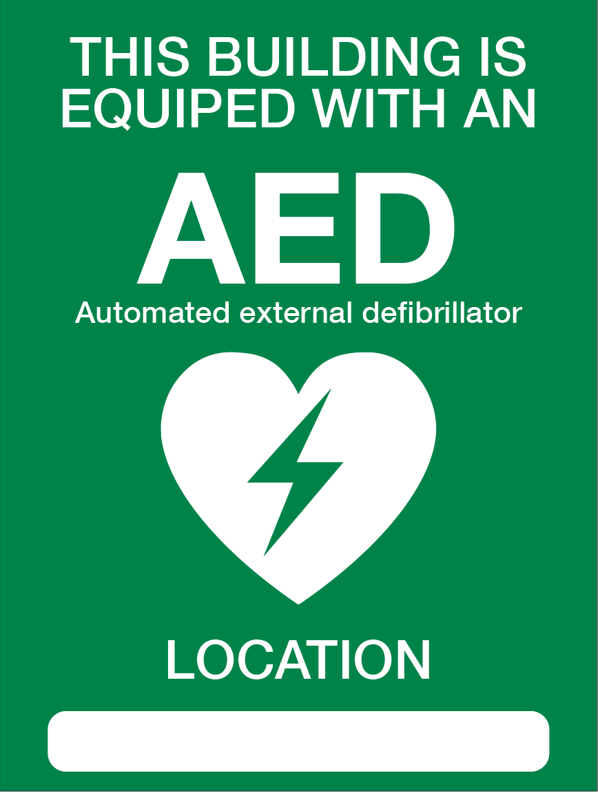 This Building is equiped with an AED sign available to buy on line for immediate delivery from www.signsonline.ie. SignsOnline.ie, a leading on line signage supplier since 2015. Best for quality and value.