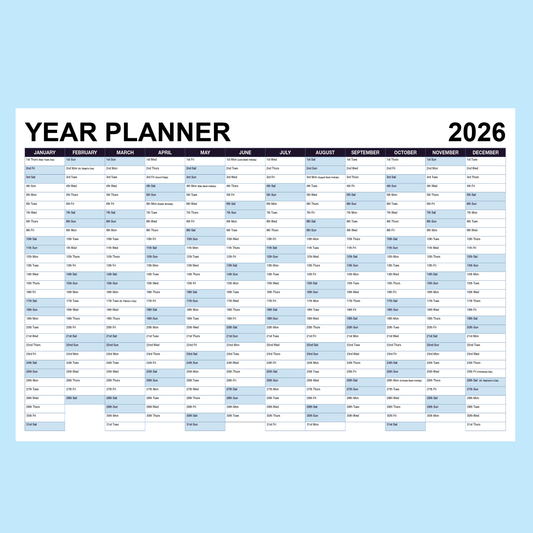 2026 year planner with drywipe laminate, marked with Irish and UK public holidays. Available in aluminium, corriboard, foamex or magnetic backing  Buy online at www.signsonline.ie