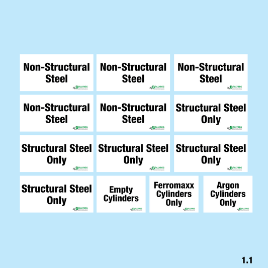 Set of signs for different types of steel and cylinders