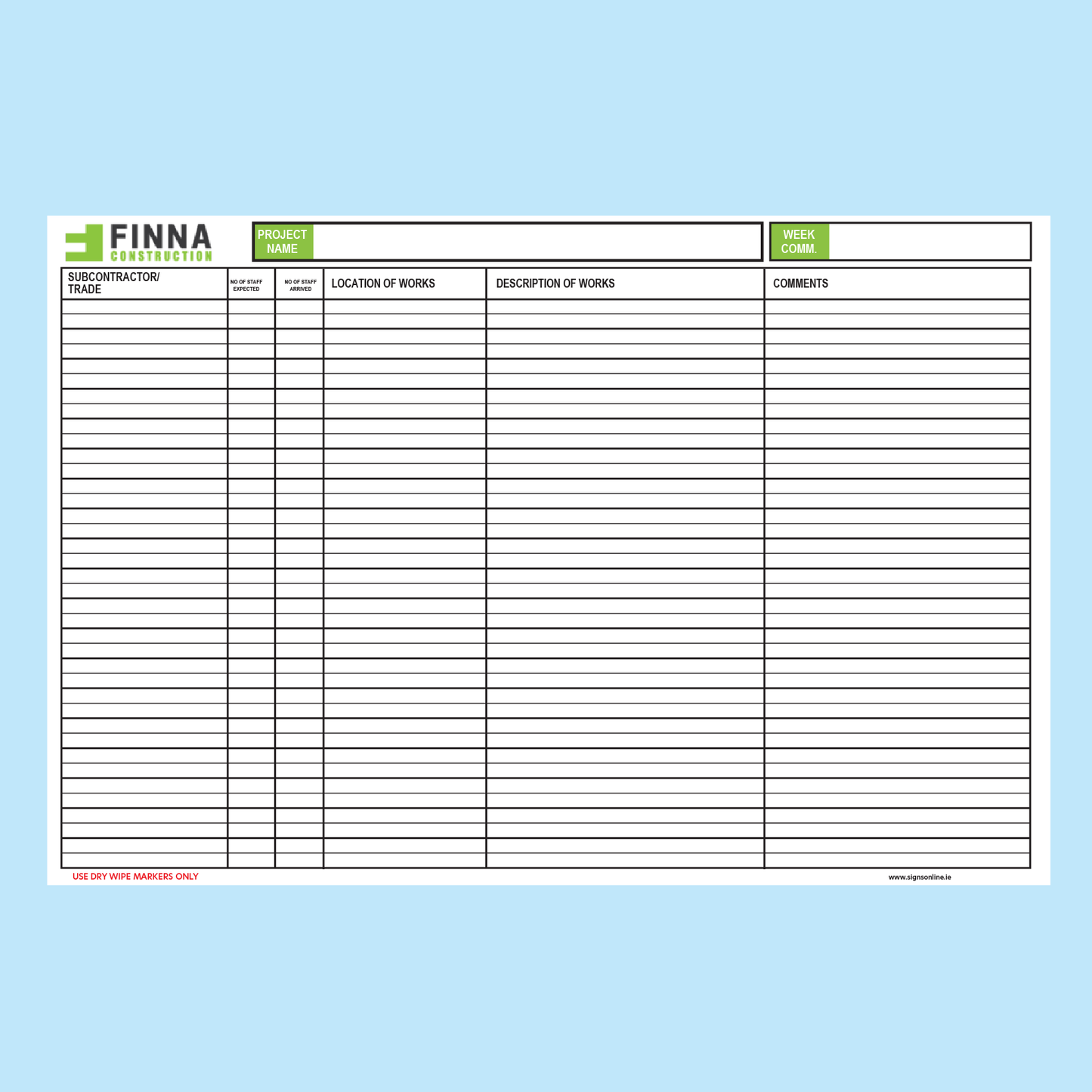Custom Construction Project Whiteboard Panel – Composite Aluminium Drywipe Board