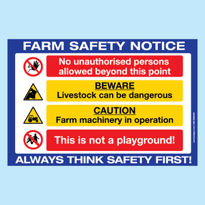 Farm Safety Notice containing important safety information for farm operations and required for HSA and Bord Bia farm audits.  Available to buy online from www.signsonline.ie