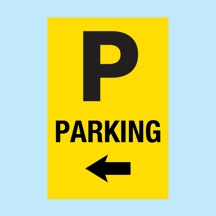 YELLOW PARKING sign with LEFT arrow