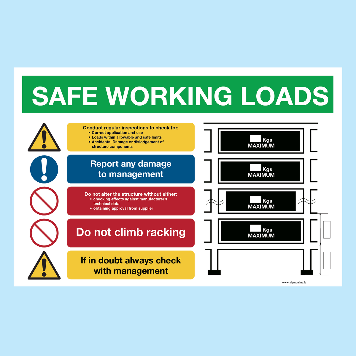 Safe Working Load (signs For Racking) 1.0 – www.signsonline.ie