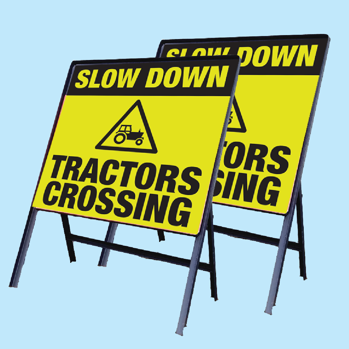 2 X Slow Down Tractors Crossing Signs On Steel Frame