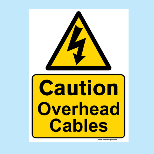 Warning sign with caution overhead cables text and symbol 