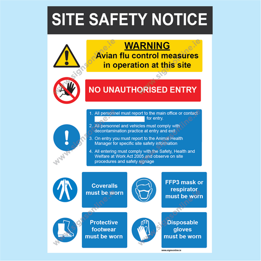 Site Safety Notice for Poultry Farms and Avian busineses used in the control of Bird Flu. Made by and sold online by www.signsonline.ie
