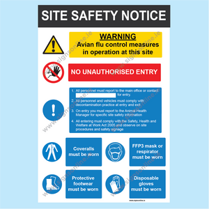 Site Safety Notice for Poultry Farms and Avian busineses used in the control of Bird Flu.  Made by and sold online by www.signsonline.ie