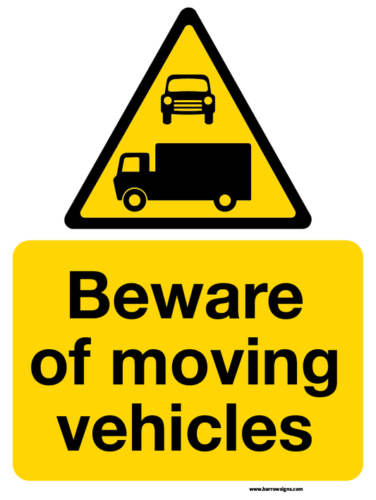 Beware of Moving vehiles sign yellow background and black et and graphics. Available to order for delivery from www.signsonline.ie. Selling signage online since 2015