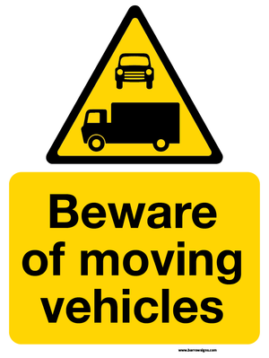 Beware of Moving vehiles sign yellow background and black et and graphics. Available to order for delivery from www.signsonline.ie.  Selling signage online since 2015