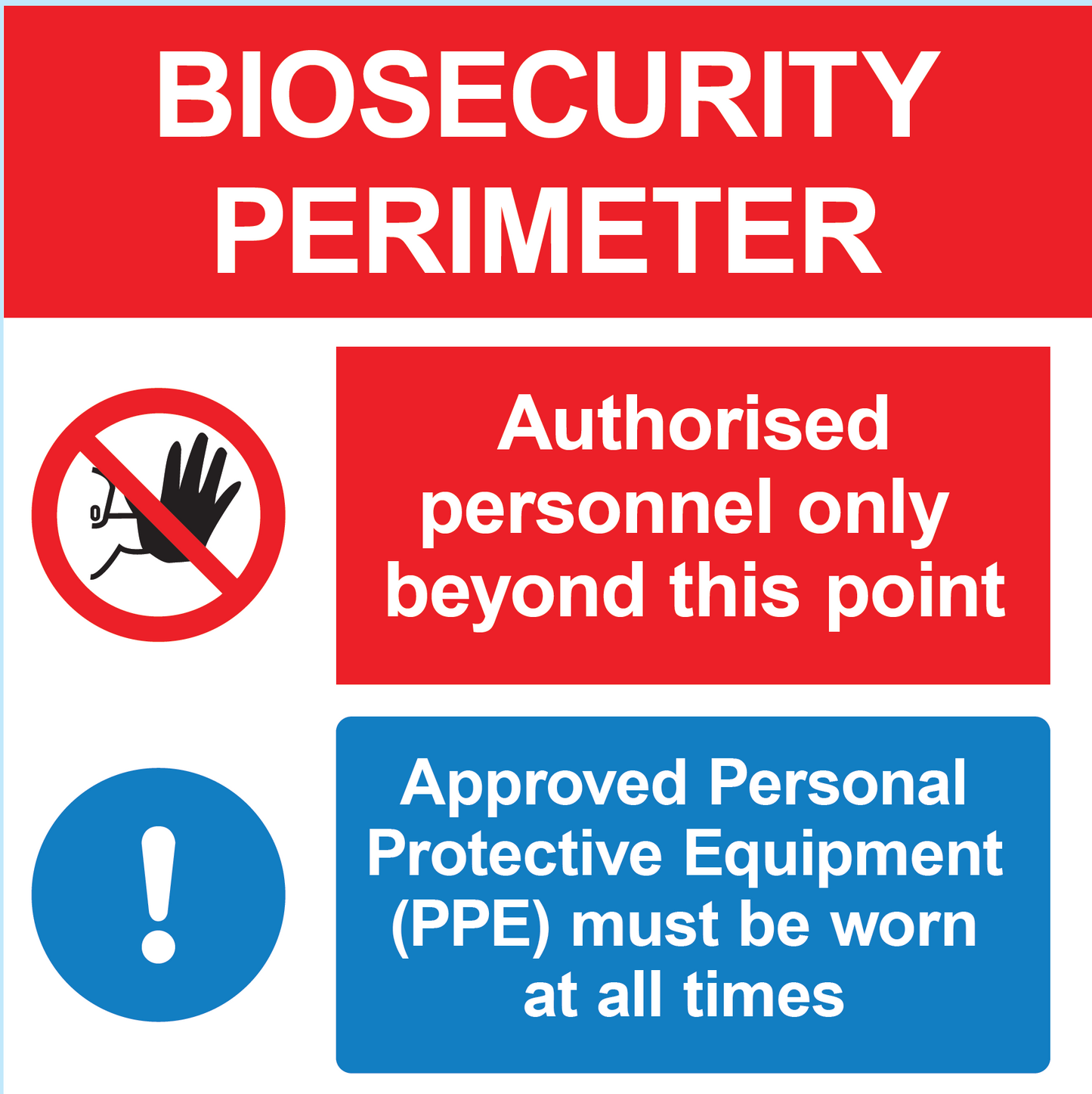 Biosecurity Perimeter | Authorised Personnel Only Beyond This Point | Approved PPE Must Be Worn Regulatory Sign