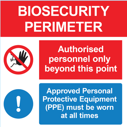 Biosecurity Perimeter | Authorised Personnel Only Beyond This Point | Approved PPE Must Be Worn Regulatory Sign
