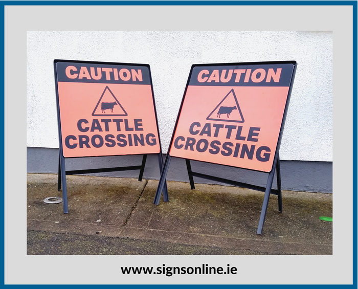 2 x Caution Cattle Crossing Signs on Steel Frame