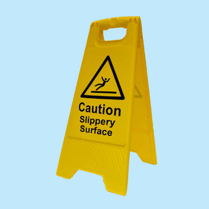 Yellow "Caution Slippery Surface" free standing floor sign available for delivery from www.signsonline.ie