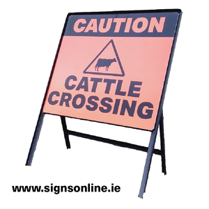 Caution Cows Crossing Sign on a steel frame supplied by www.signsonline.ie. Best signage supplier in Ireland for Service and Value