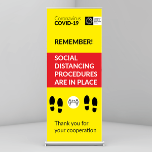 Roll Up Banner advising people of the Social Distancing Requirements as a result of Covid-19 available to buy online from www.signson.ine.ie