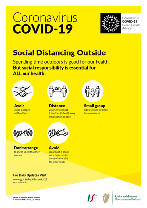 Covid19 Social Distancing Guielines for public spaces and outside.  Available to buy online at www.signsonline.ie