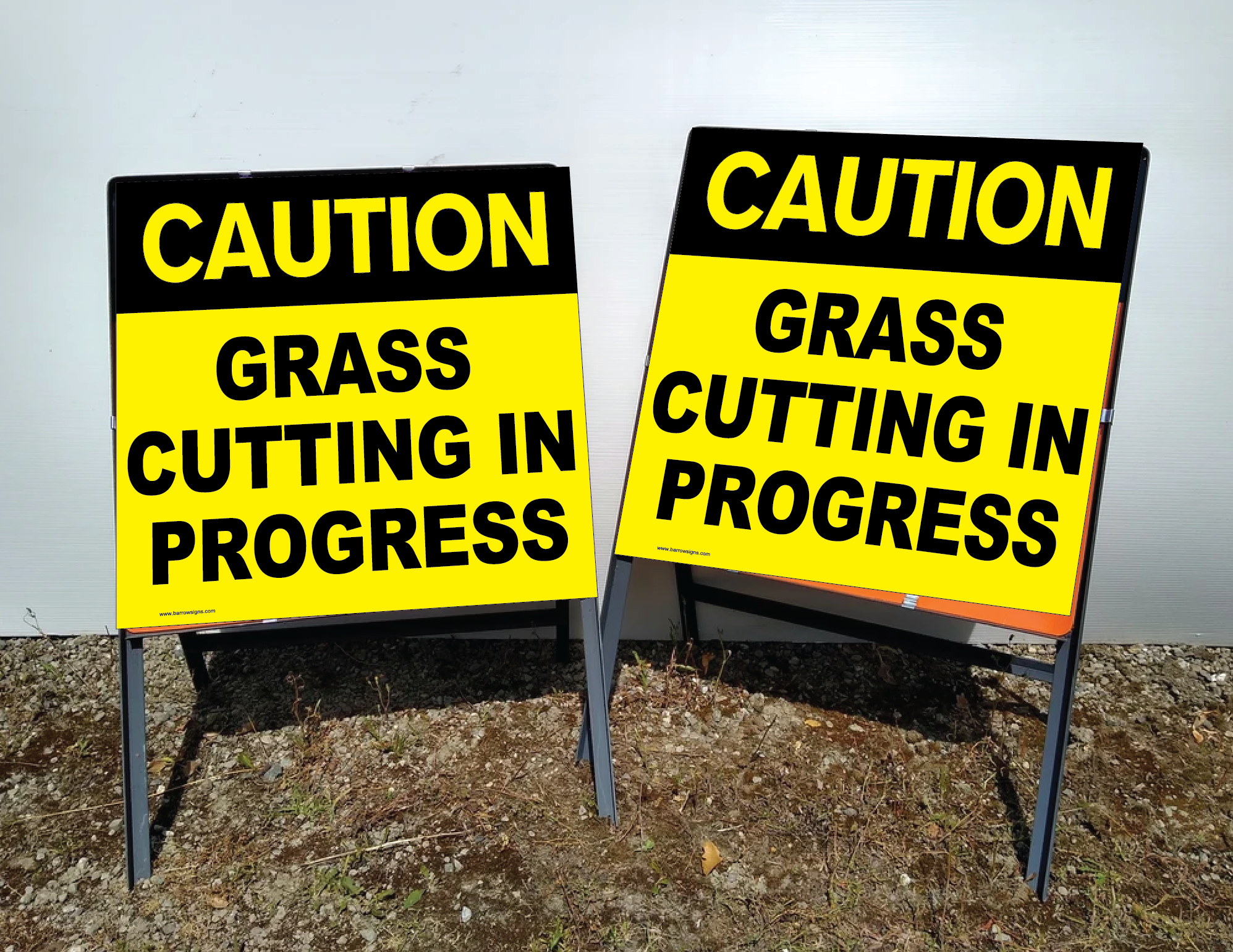 2 X Grass Cutting In Progress Signs On Steel Frame – www.signsonline.ie