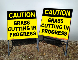 Caution GRASS CUTTING in Progress sign, with reflective panels. For sale at www.signsonline.ie