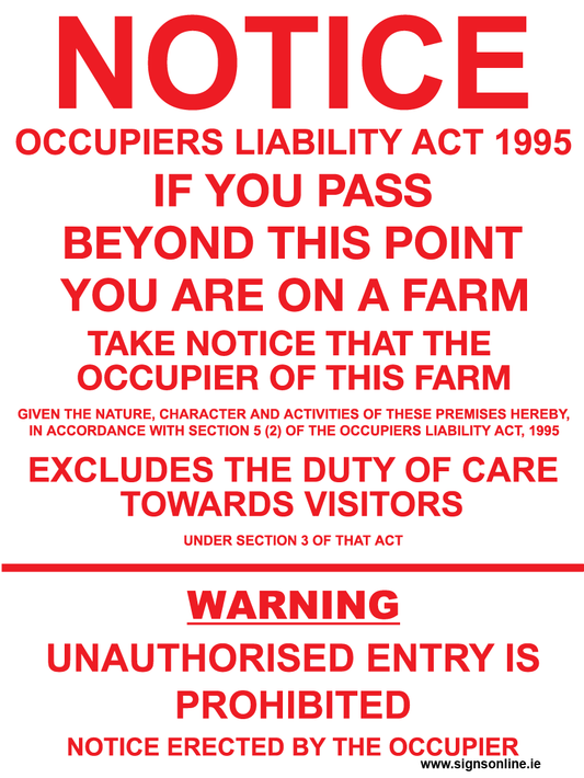 Occupiers Liability Notice For Farm With Red Text