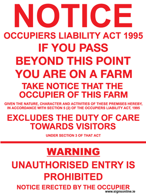 Occupiers Liability Notice for FARM with RED text
