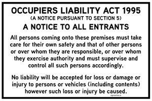 Occupiers Liability Notice or Disclaimer notice to display on your premises. Availabe to buy online at www.signsonline.ie