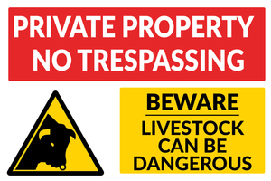 Private Property No Trespassing Livestock Can Be Dangerous sign in corriboard or aluminium available to buy with dree shipping from Signs Online www.signsonline.ie
