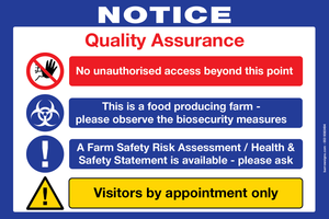 Bord Bia Quality Assurance Sign indicating visitors by appointment only for sale at www.barrowsigns.com