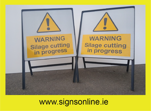 WARNING SILAGE CURRING IN PROGRESS SIGN ON STEEL STANDS AVAILABE FOR SALE AT WWW.SIGNSONLINE.IE.  IN STOCK AND AVAILABLE FOR DELIVERY