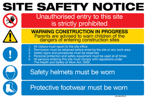 Generic site safety notice for all constuction and civil engineering projects, available from Signs Online and to order at www.signsonlin.ie