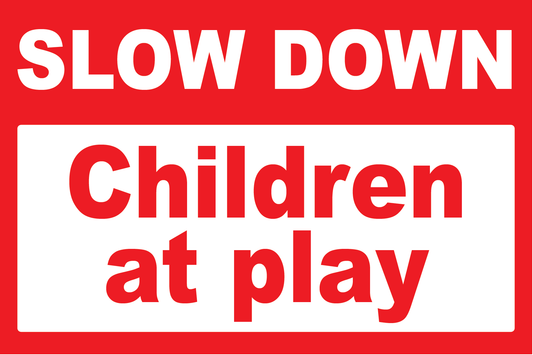 Slow Down Children at Play Sign available to buy on line for immediate delivery from www.signsonline.ie. SignsOnline.ie, a leading on line signage supplier since 2015. Best for quality and value.