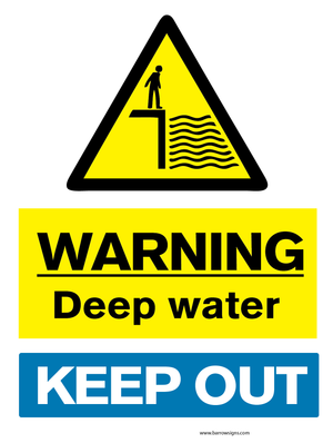 Warning Deep Water - Keep Out sign available to buy on line for immediate delivery from www.signsonline.ie.  SignsOnline.ie, a leading on line signage supplier since 2015. Best for quality and value.