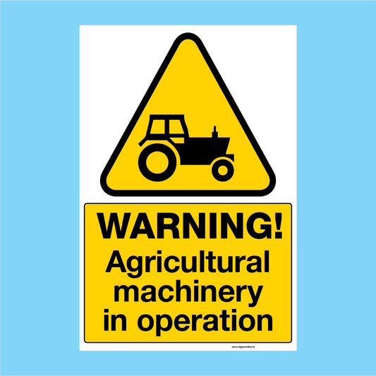 Warning Agricultural Macinery In Operation Sign available to buy on line for immediate delivery from www.signsonline.ie. SignsOnline.ie, a leading on line signage supplier since 2015. Best for quality and value.