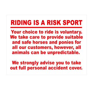 Equine Sign Riding is a risk sport Notice