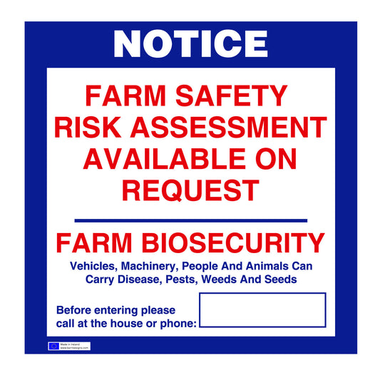Farm Risk Assesment and Bio Security Notice available to buy on line for immediate delivery from www.signsonline.ie. SignsOnline.ie, a leading on line signage supplier since 2015. Best for quality and value.