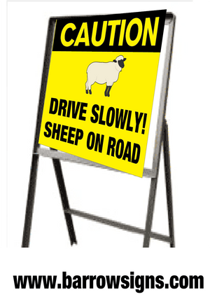 Caution Sheep On Road Sign on steel stand 610 x 610mm